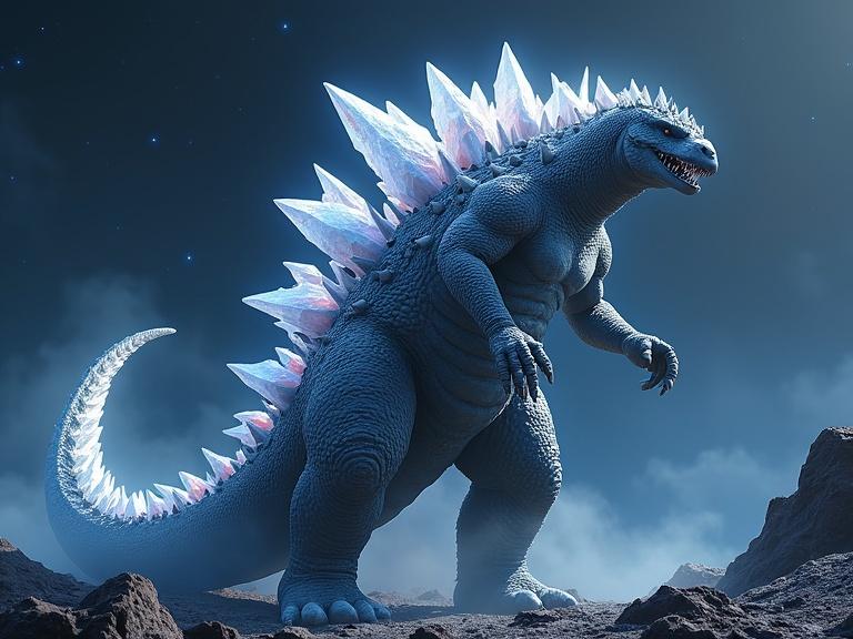 A creature resembling Godzilla in space with crystal-like dorsal spines and additional small crystals on the body. The scene is dramatic and otherworldly, set against a starry background.
