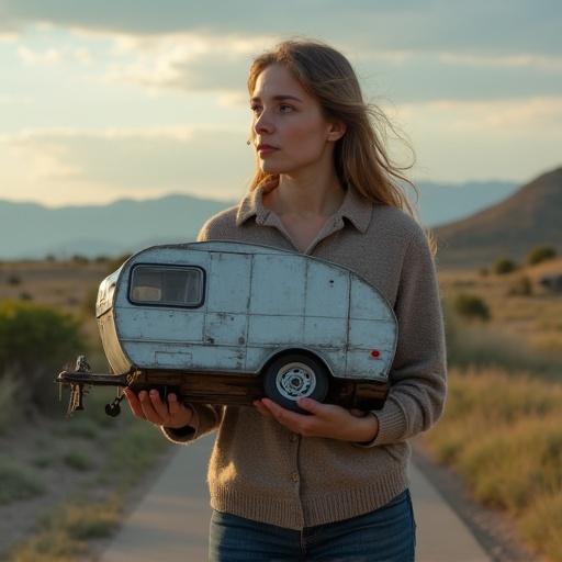 Woman holds broken trailer in hands. Photo realistic style. Outdoor scene with mountains in background.