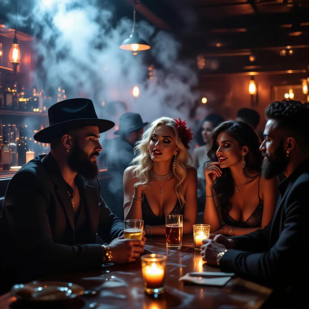 Dark smoky bar scene with stylish individuals looking devious. Features LGBTQ representation. Dim lighting with candles and drinks on the table. Focus on group in sophisticated attire, creating a lively atmosphere. Enhance mystery with foggy ambiance.