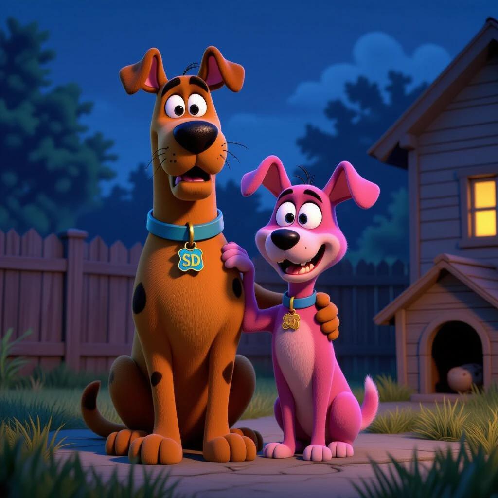 3D render of Scooby-Doo and Courage the Cowardly Dog in a backyard at night. Scooby-Doo is a large Great Dane with brown fur and black spots wearing a blue collar. He is crouched slightly looking goofy yet scared. Courage is a small pink dog showing a terrified expression with exaggerated features. The backyard has overgrown grass a wooden fence and a doghouse. Dim porch light creates a peaceful atmosphere. Light fog adds to the calm setting. Characters rendered in soft 3D Pixar style with detailed textures and cinematic lighting.