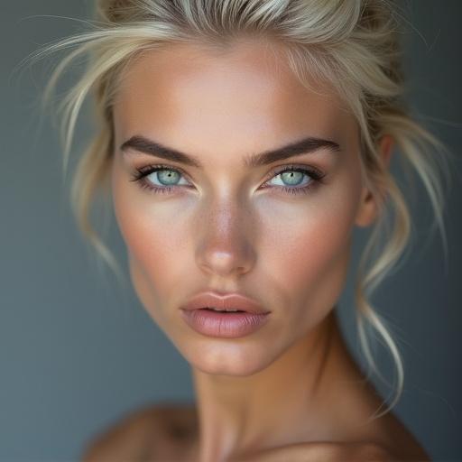An alluring portrait of a model with icy blue eyes gazing at the viewer. Flawless complexion with matte finish, accentuating angular face and sharp cheekbones. Bold nude lips, modern updo with strands framing face. Crisp lighting highlights features against a gray gradient background. Photorealistic detail in 8K resolution.