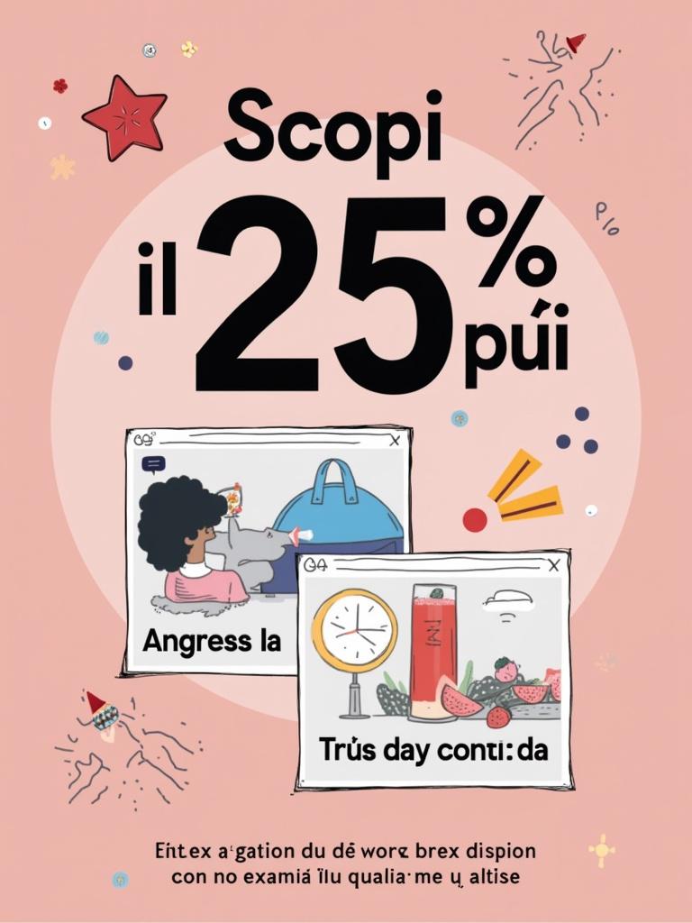 Promotional image for a product. Bright colorful background. Main text 'Scopri il 25% in più!' in large bold font at center. Illustration of the product included. Square with text 'Ora con il 25% in più di valore!'. Icons for savings and quality used. Size 400x400 pixels.