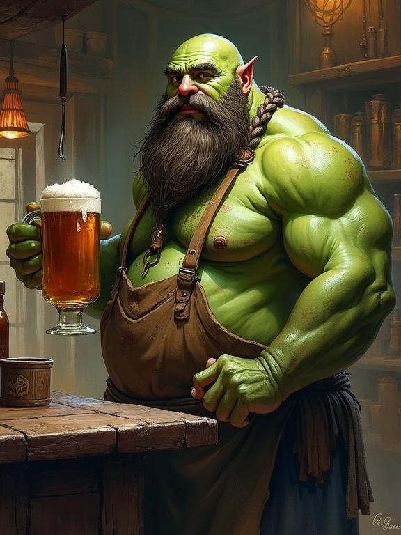Muscular ogre with green skin shows a friendly demeanor. Standing behind a bar in a cluttered tavern. Holds a wooden mug of ale and a rag. Features a braided beard with a spoon. Shirtless under a stained dirty apron. The tavern is dirty and grimy. Creates a heroic epic vibe. Digital art style. Background fades into watercolor splashes.