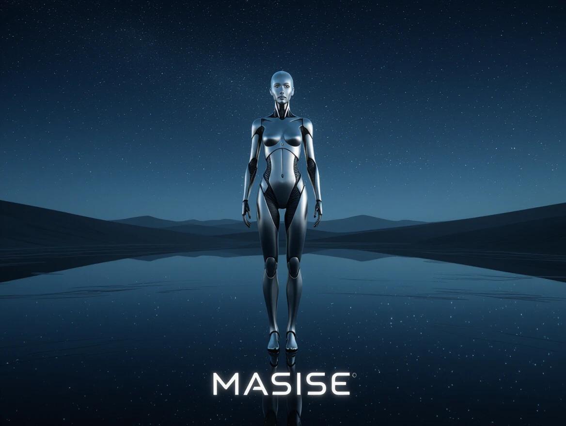 A humanoid figure stands in the center of a dark desert at night. The landscape reflects starlight like black glass. The being combines metal, matte ceramics, and carbon fiber with glowing elements. It has mechanical wings and a minimalistic, lifelike face. The sky is pitch-black with distant stars. Everything appears real and captured by a high-end camera.