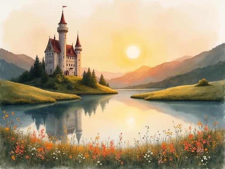 Watercolor fairytale castle on a lake surrounded by rolling hills with wildflowers at sunset. Soft colors and loose brushstrokes create a dreamy atmosphere.