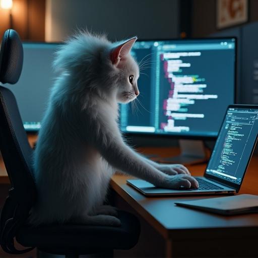 A hyperrealistic image of a catlike creature sitting on a desktop in front of a laptop, appearing to type code.