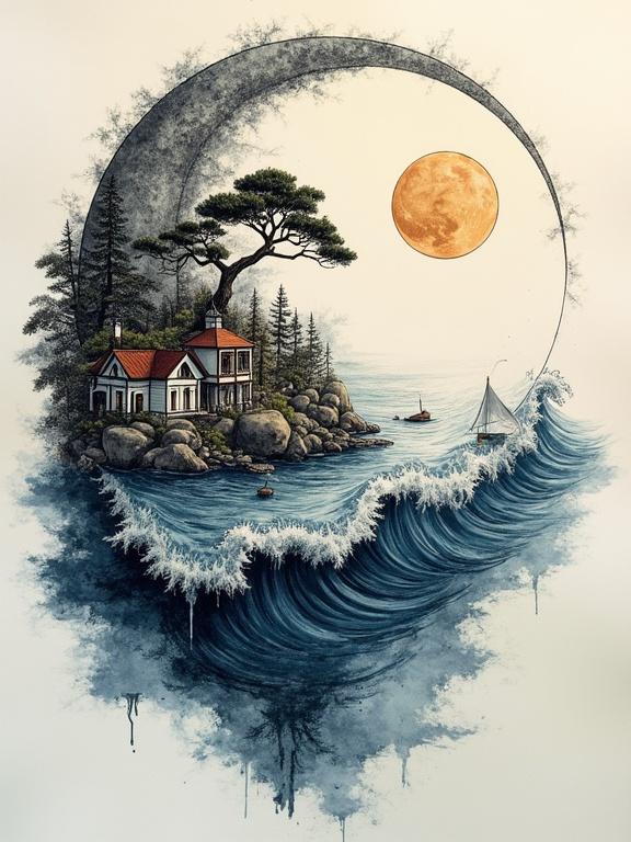 A double exposure featuring a Victorian village and bonsai trees in the ocean, within the moon. A Sumi-e painting depicting the water cycle in detail. The artwork is intricate and hyperdetailed.
