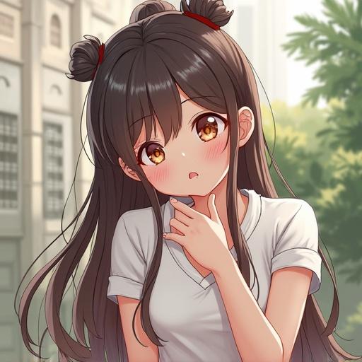 A young girl with long hair in a soft pink dress, interacting thoughtfully in a natural setting.