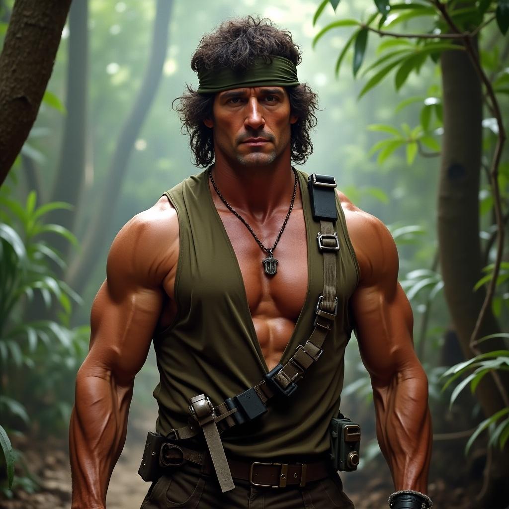 Muscular man with military attire poses confidently in a jungle. Long hair, intense expression, surrounded by greenery. Focus on physique and heroic stance.