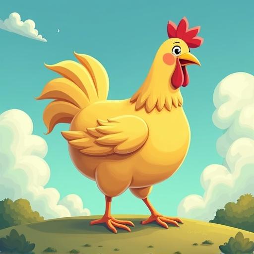 A cartoon-style yellow chicken stands proudly in a bright sky with soft clouds and green hills. The chicken features a vibrant yellow color, a cheerful expression, and distinctively styled feathers.
