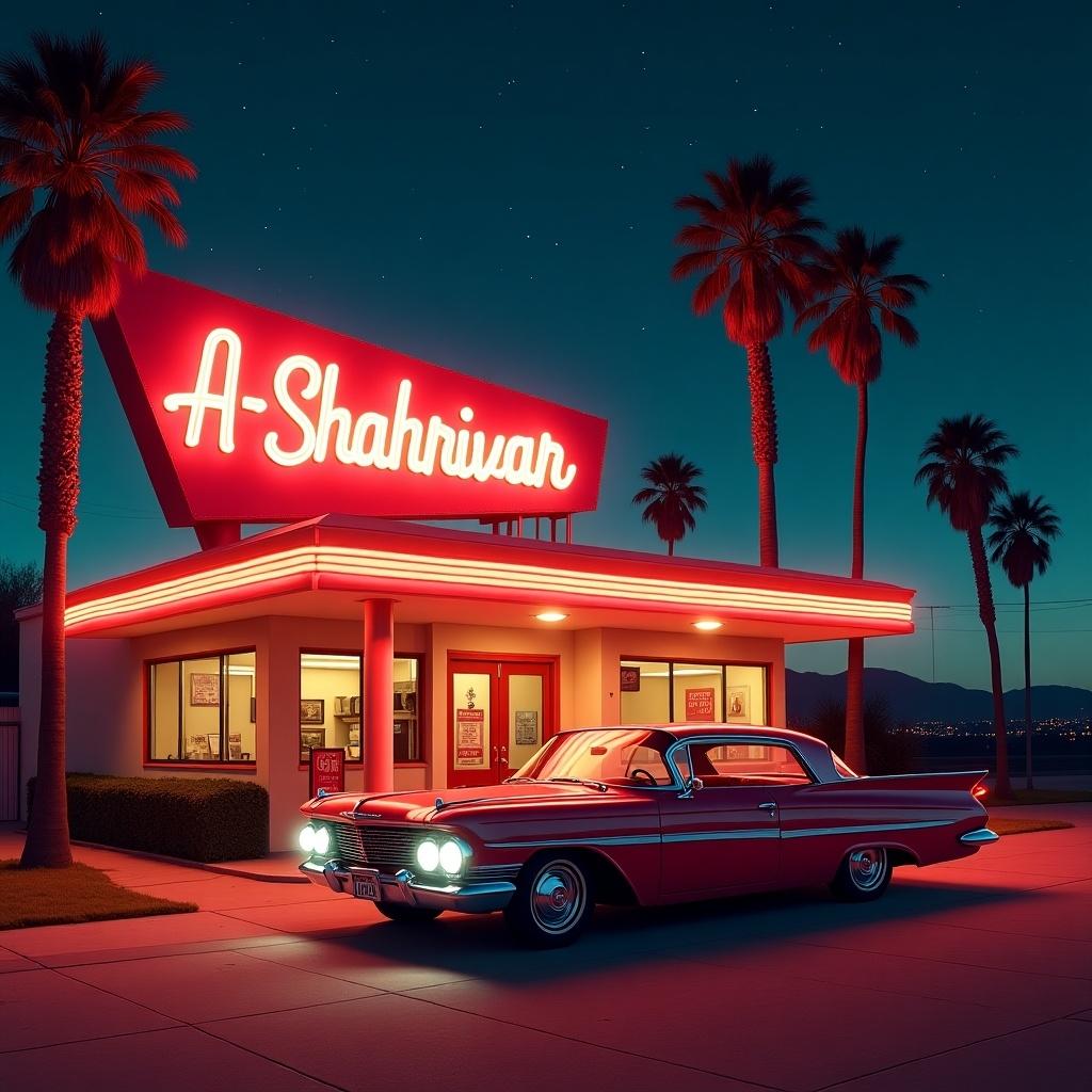 Classic motel named 'A-Shahrivar' lit up by neon signs at night. Red vintage car parked in front. Tall palm trees in the background under a starry sky. Vibrant colors creating nostalgic charm.