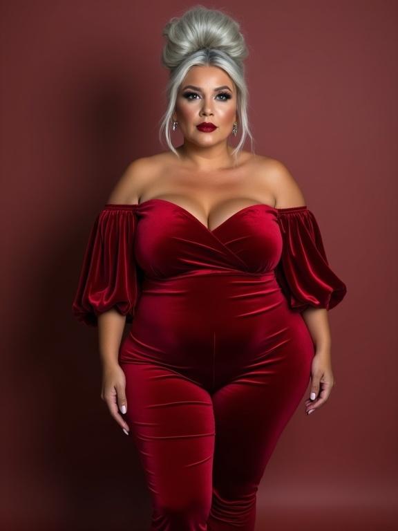 A confident mature woman poses elegantly in a red velvet dress with wide sleeves. She has stylish high silver hair in a bun and a sultry expression. The backdrop is a matching red, enhancing the outfit's elegance. The model has a curvy figure with wide hips, showcasing the fitted dress perfectly.