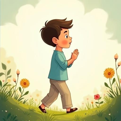 Illustration of a young boy named Zaid walking in a small garden. He has short dark brown hair. He is wearing a light blue shirt and beige pants. He lifts his hands slightly in prayer. The garden has small plants and flowers. The atmosphere feels spiritual and serene. The boy's face is featureless.