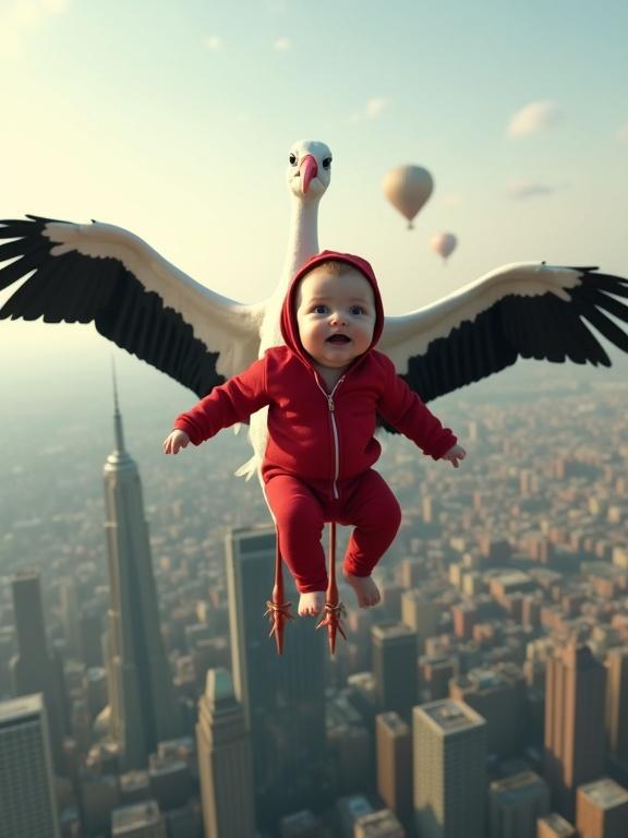 Dynamic aerial shot of a large white stork flying with a baby. Baby in red onesie appears wide-eyed. Scene shows a modern cityscape below with skyscrapers. Hot air balloons are in the distant sky.