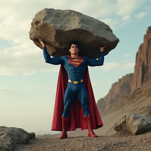 Superman struggles under the weight of an oversized rock while one knee rests on the ground. He holds the rock above his head. The scene captures Superman's effort and determination against the heavy weight. Rock is oversized and extends beyond the frame. Shot from the front view.