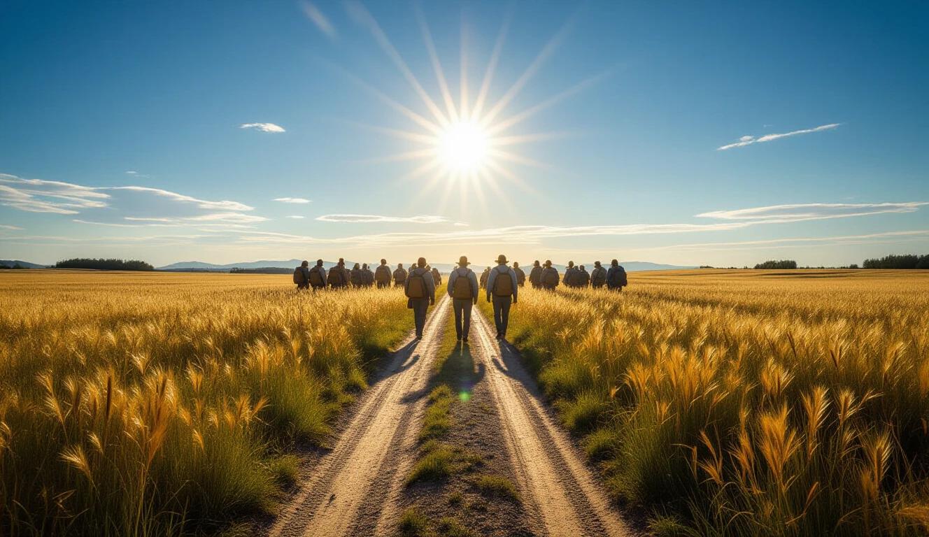 Wide panoramic view of people walking in the distance. Bright sun shines overhead. Illuminated path leads through a golden field. Clear sky enhances the feeling of accomplishment. Epic closing shot with a vertical orientation.