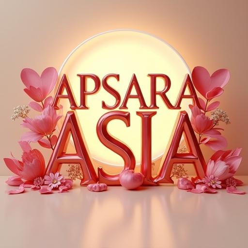 3D render of the text APSARA ASIA featuring an elegant swirling font. Text has pink and gold metallic hues with a dimensional effect. Adorned with pink flowers, gold leaves, and hearts. Soft beige background with golden glow.