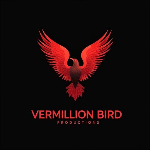 Logo design for Vermillion Bird Productions. Luxury and professional aesthetic. Unique font with bird integrated into the letter V. Focus on red color palette against black background. Minimalist and modern style.