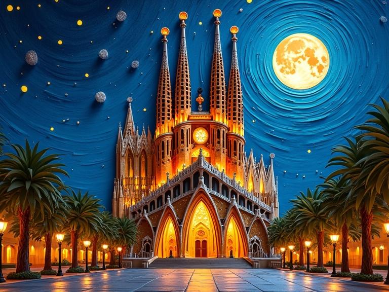 Stunning papercraft representation of Sagrada Familia at night. Highly detailed origami style with textured layers. Vibrant blue sky with a full moon. Illuminated architecture with warm lights. Starry background in Van Gogh style.