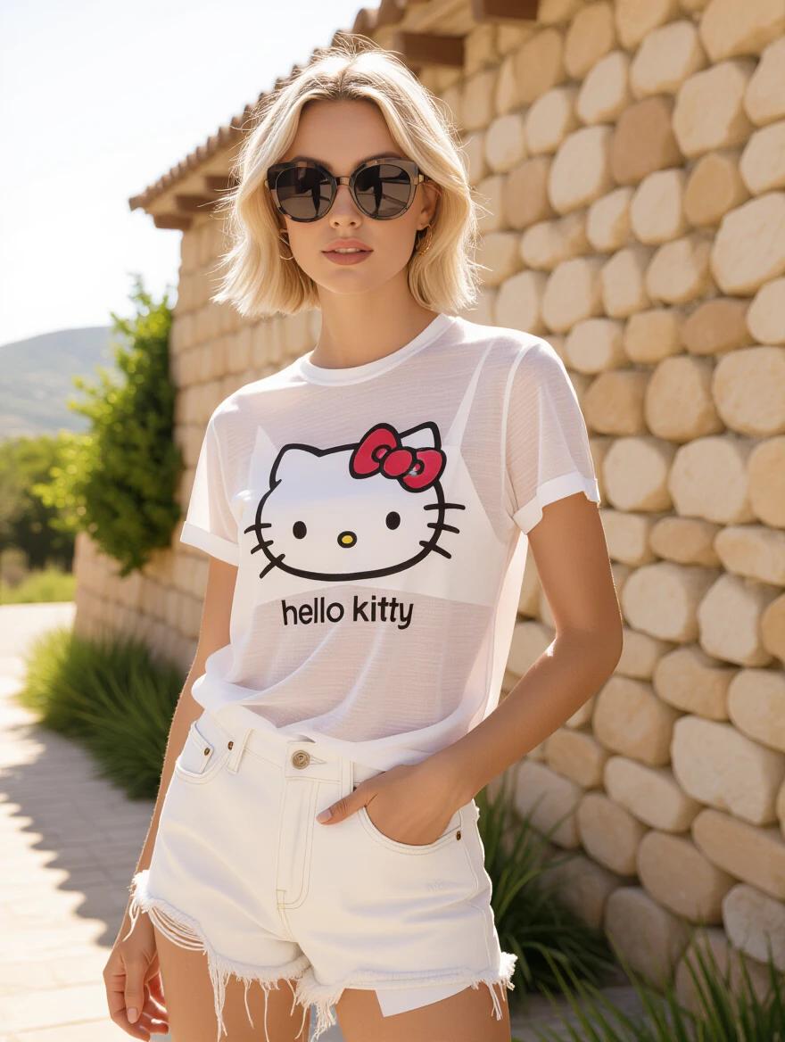 Photograph of a young woman outdoors in a casual outfit. She poses confidently with hands behind head. T-shirt features a Hello Kitty graphic. She wears distressed white shorts. Background shows a stone wall and wooden lounge chair. Bright and summery atmosphere.