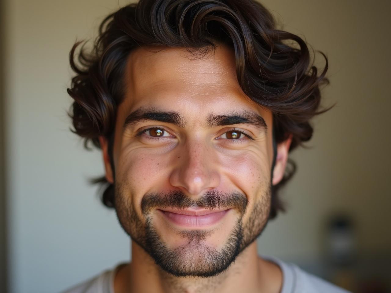 A portrait of a young man with dark brown wavy hair styled healthily. His face is turned forward, displaying a subtle smile. The background is softly blurred, focusing attention on his features. He has a light beard that adds character to his appearance. The lighting highlights his facial structure, giving the image a warm and inviting feel.