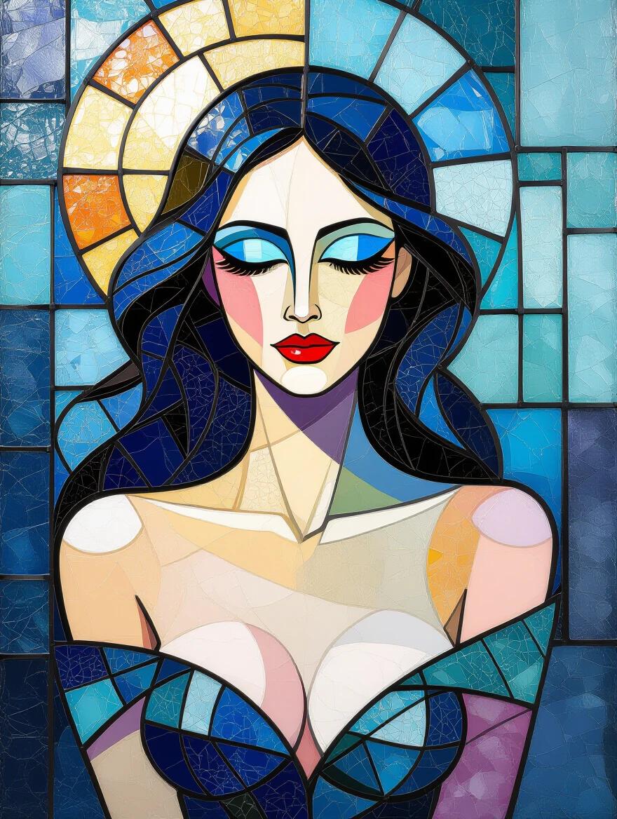 Stylized depiction of a woman with blue hair and light skin tone surrounded by a mosaic background featuring bright colors. Emphasis on iridescent features and bold lines.