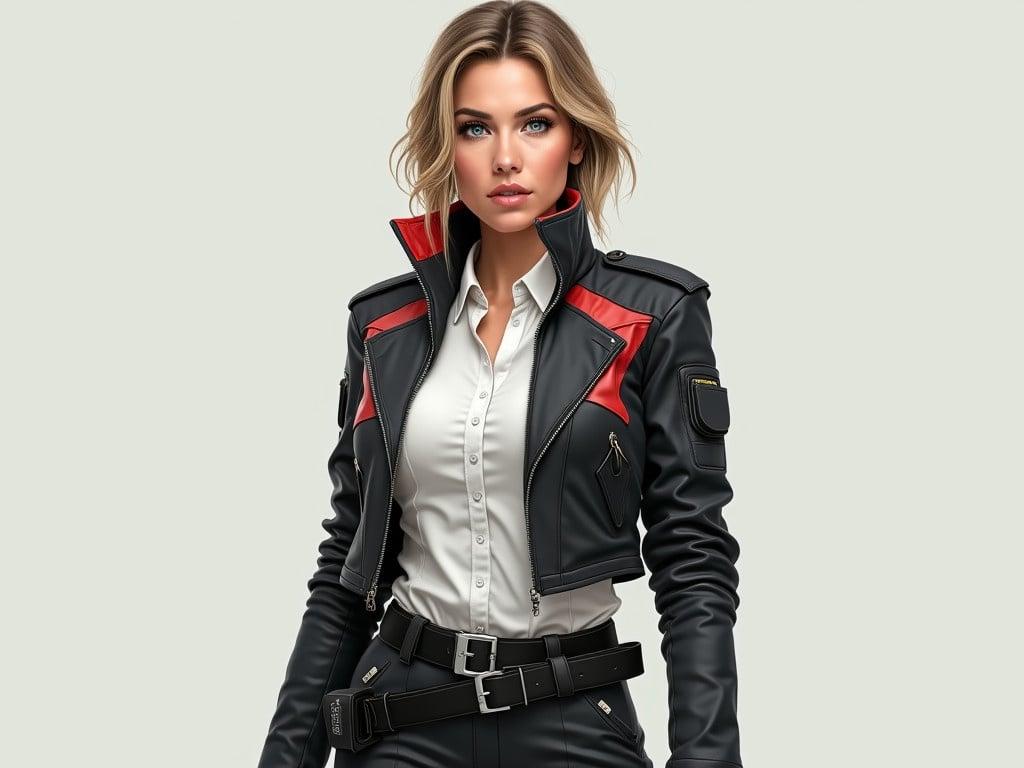 Create a realistic depiction of a 30-year-old woman in a sci-fi military uniform. She has sandy brown hair styled neatly, darker eyebrows, and striking blue-green eyes. Her uniform is made of a tough synthetic fabric and features a structured jacket layered over a crisp white shirt, paired with durable pants. The jacket should have a sleek design with both black and red accents, enhancing its military aesthetic. A belt holds various accessories, including a visible tool or weapon, emphasizing her readiness for action. Ensure her body proportions reflect a realistic human figure, giving her a strong and capable appearance.