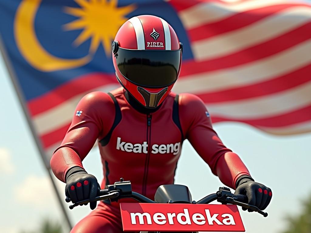 The image showcases a motorcycle racer dressed in a striking red racing suit and helmet, holding the Malaysian flag proudly. The backdrop is slightly blurred, emphasizing the racer and the flag, creating a sense of motion and focus on national pride. The lighting highlights the vibrant colors of the suit and flag, evoking a sense of energy and patriotism.