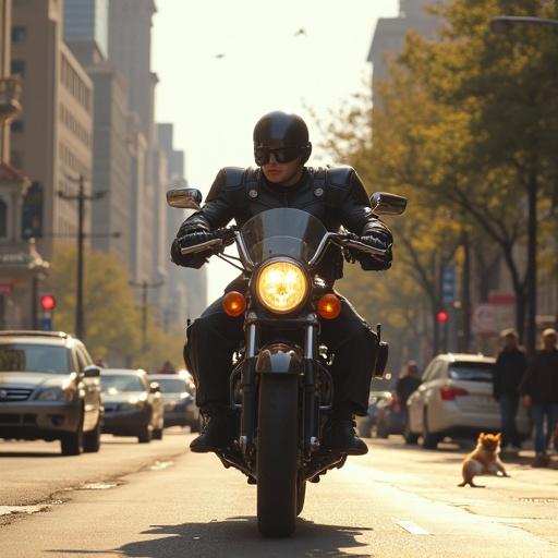 Funny Robocop riding police motorcycle during bright midday. Public transportation and traffic include people walking, buildings, trees, and pets in sunny weather. Low angle side profile view captures action.