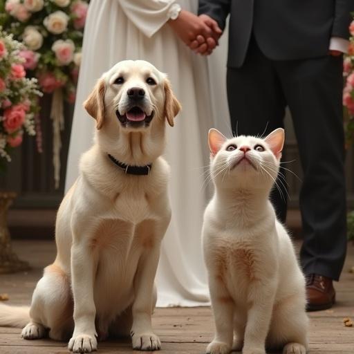 Dog and cat in wedding ceremony. Human bodies partially visible. Floral decorations surrounding. Dog looks happy. Cat gazes upward. Soft lighting enhances atmosphere.