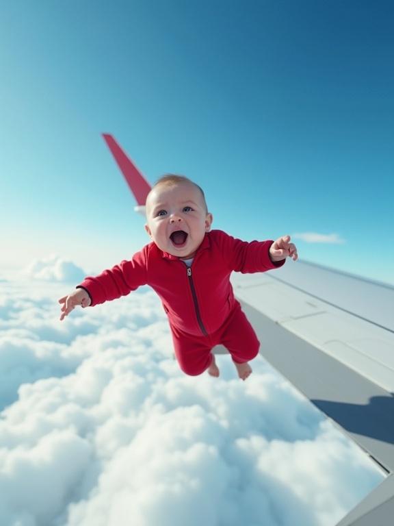 A baby in a red onesie tumbles through the air after falling off an airplane wing. The baby looks terrified with mouth open and arms flailing. The view is from below, against a bright blue sky dotted with fluffy clouds. There is an element of motion blur.