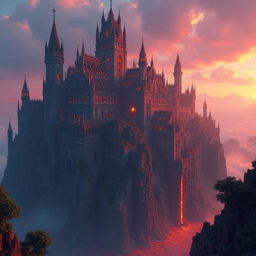 A Gothic-style fortress in a Minecraft aesthetic with lava trim. The structure appears colossal surrounded by a misty landscape. The scene is illuminated by a fiery sunset.