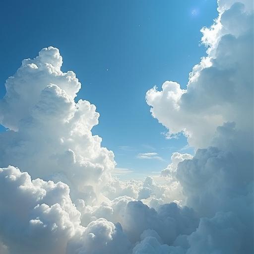 Sky filled with fluffy white clouds illuminated by sunlight. Background with open blue sky.