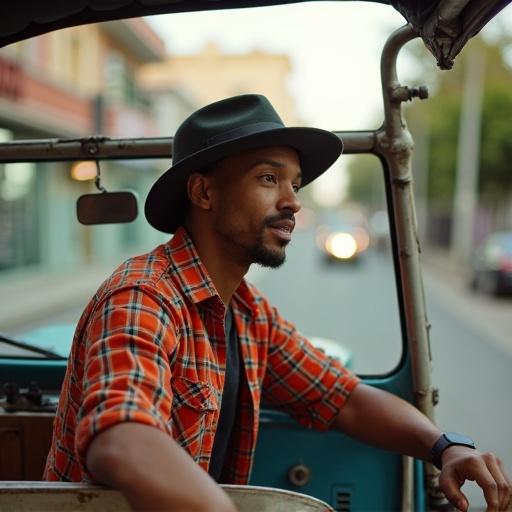 A man in a jeepney. He wears a traditional Filipino hat. Background is an urban setting. He seems relaxed and thoughtful.