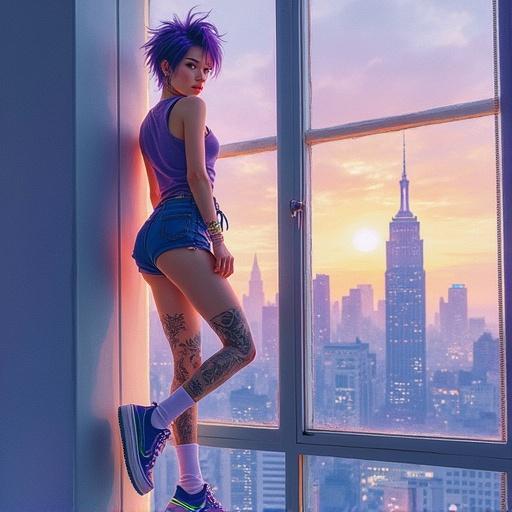 Hyperrealistic watercolor painting. Young woman with short violet spiky hair. Slim muscular body. Wears oversized top, sport shorts, high platform sneakers with glowing LED stripes, knee socks. Yakuza style tattoo covers right leg. Standing with legs crossed and arms raised upright. Leaning on wall-size window with city view. Looking at camera.