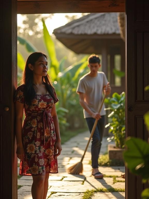 High-resolution cinematic scene of a modest Indonesian woman standing at the doorway of a traditional tropical house. She wears a floral batik house dress with a soft expression. A young man sweeps the stone pathway wearing a t-shirt and jeans. The setting is early morning with golden sunlight and lush tropical plants in the background. Ultra-realistic with detailed textures and soft depth of field.