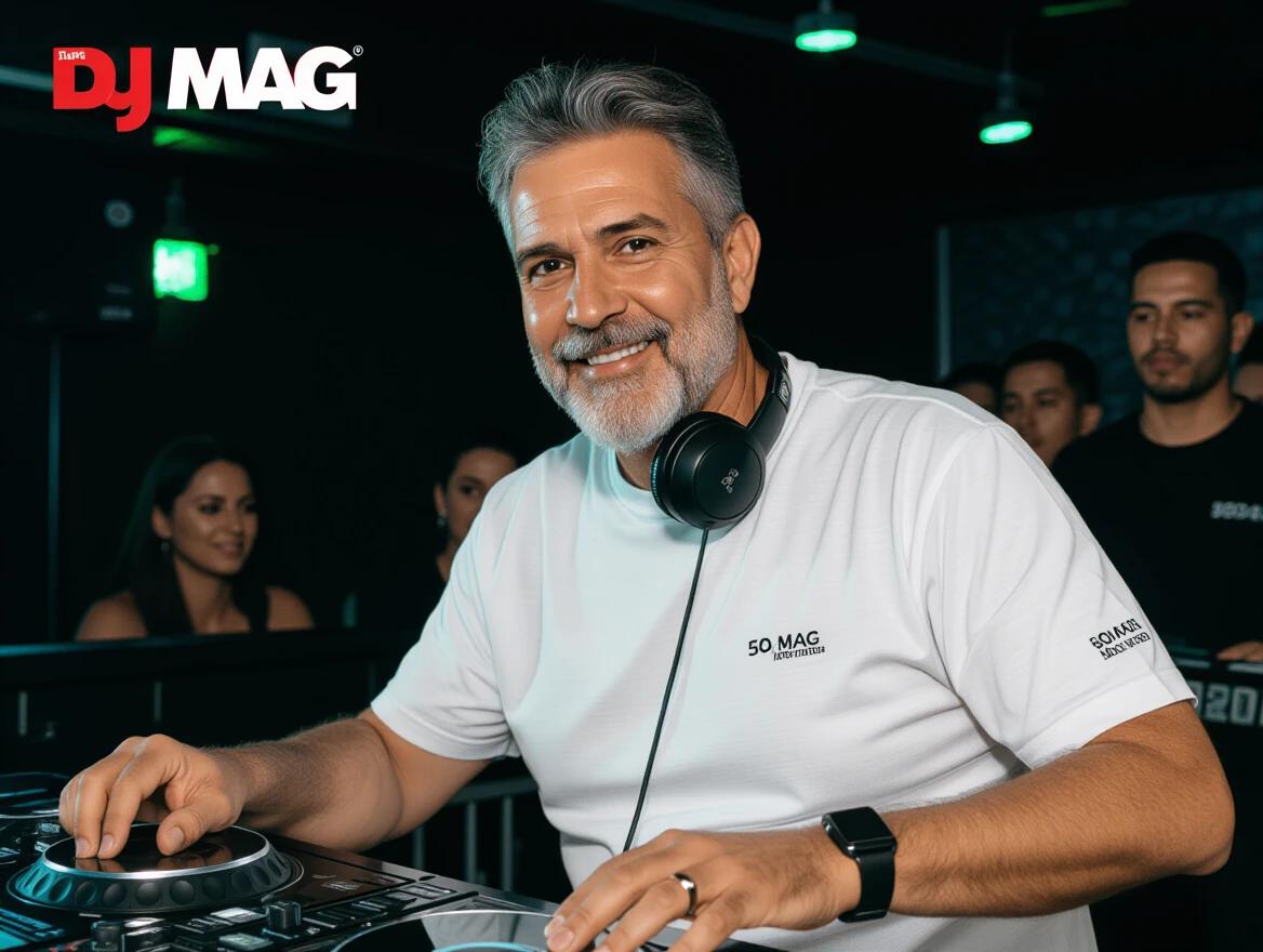 DJ Magal performing at a nightclub. DJ is wearing a white shirt and headphones. Green ambient lighting enhances the atmosphere. The audience is visible in the background enjoying the music.