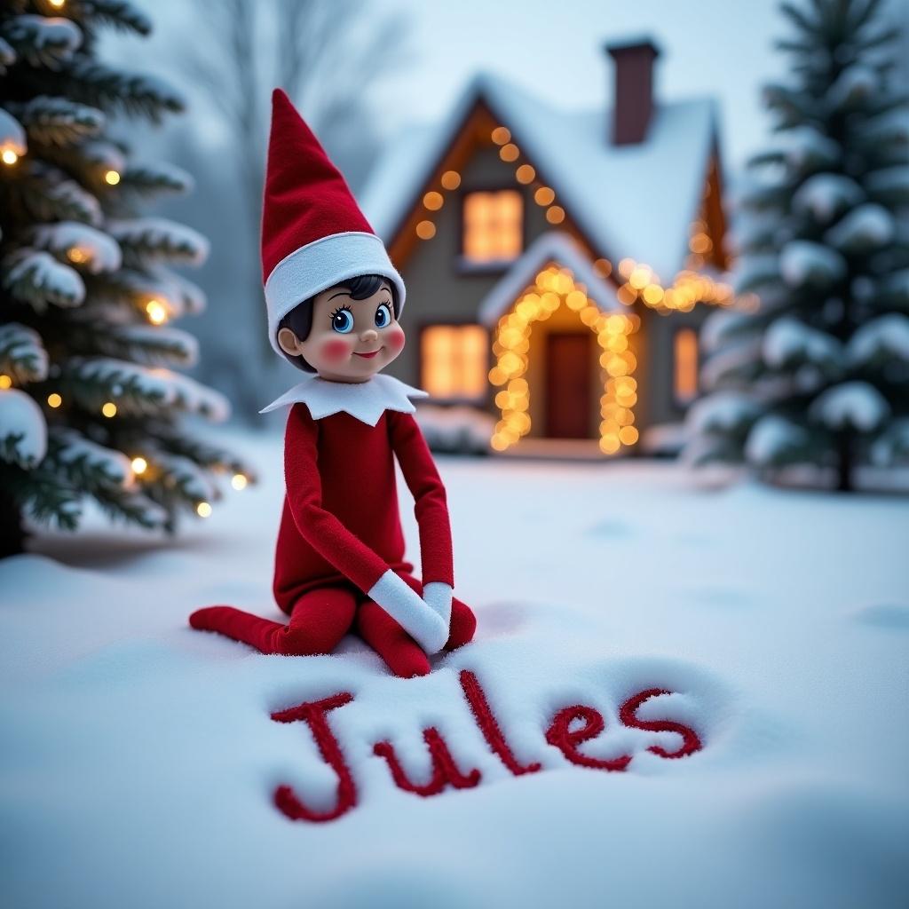 A festive Elf on the Shelf character sits outside in a snowy landscape. The elf, in a red and white outfit, smiles as it writes the name 'Jules' in the snow. Behind the elf, there is a charming house decorated with warm lights that enhance the cozy feeling of the scene. Surrounding the setting are snowy Christmas trees, which add to the holiday spirit. The entire scene evokes a feeling of joy and warmth, making it perfect for the festive season.