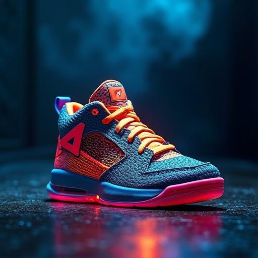 Vibrant sneaker stands illuminated against dark backdrop. Bold side lighting creates shadows revealing intricate textures and colors.