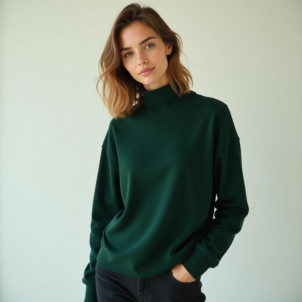 Young woman wears dark green turtle neck sweatshirt. Relaxed pose. Light unobtrusive background. Soft gentle lighting. Casual modern vibe. Suitable for fashion lifestyle.