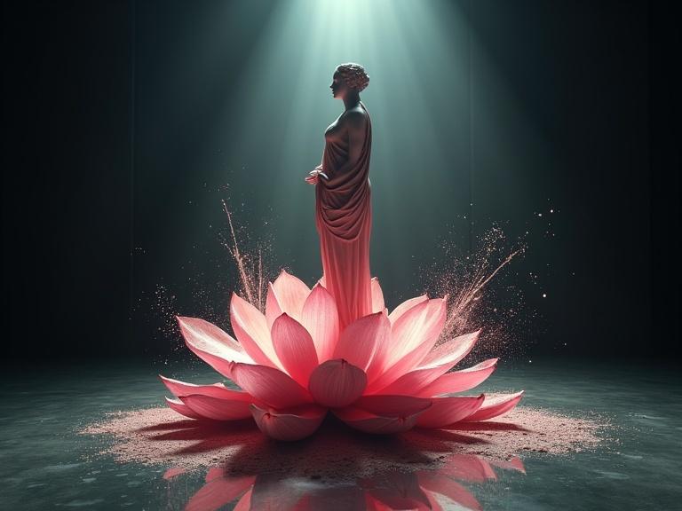 Wide shot showcasing the Venus of Milo statue emerging from a vibrant lotus flower in a dark showroom, illuminated by a dramatic spotlight. Surroundings are empty with swirls of paint and dust creating a dynamic atmosphere. Image presents hyper-realistic digital illustration with intricate details and cinematic lighting.
