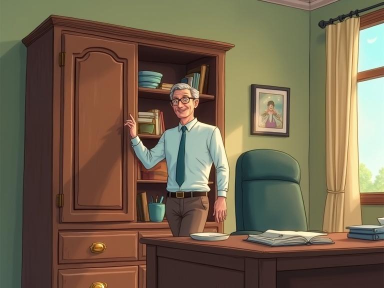 Cartoon scene of a man in his fifties in an office. He stands next to a cabinet with a smile. The cabinet is behind a desk.