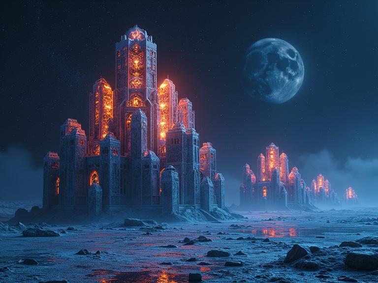 A futuristic landscape with towering structures glowing in the dark. A large moon looms overhead. Obsidian-like towers reflect light with a ghostly ambiance. The scenery hints at a lost civilization's grandeur.