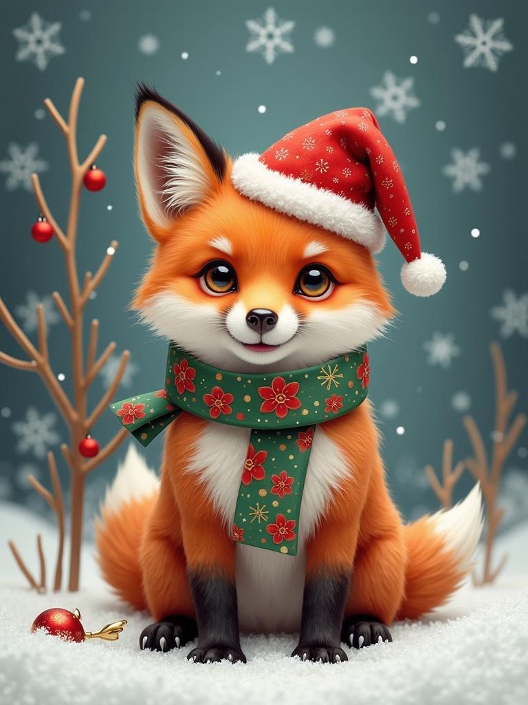 Cute festive fox wearing a Santa hat and a bow tie. Surrounded by holiday decorations like ornaments and snowflakes. Cozy winter scene.