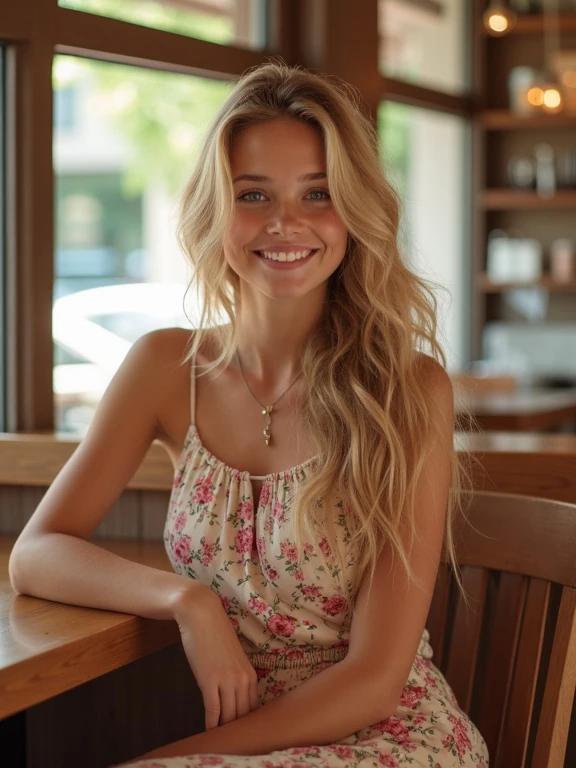 A beautiful young girl sitting in a coffee shop wearing a sundress. She has blonde hair styled in loose waves. The setting features wooden elements and a bright atmosphere.