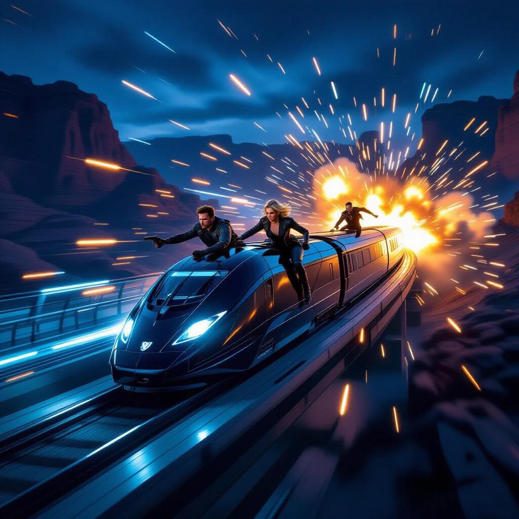 Two rogue agents escape a hypertrain heist gone wrong. They race atop a futuristic black mag-rail train with bullets streaking past. The train bends around a glass canyon cliff while explosions light up the night behind.
