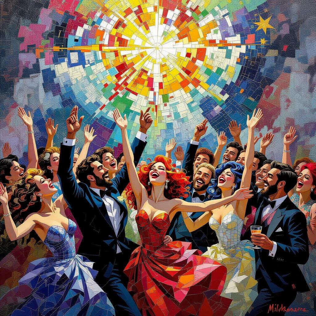 Surreal chaotic celebration depicted as vibrant mosaic. Artwork blends fantasy and surrealism with mosaic medium. Nod to expressionist techniques.