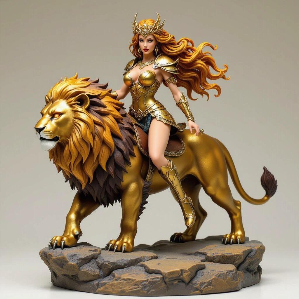 Resin female figure inspired by Leo sign. Majestic goddess with golden hair and armor riding a golden lion on rocky base. Defiant expression with glowing eyes. Design conveys fire and strength, suitable for resin printing. Semi-realistic style with high detail.