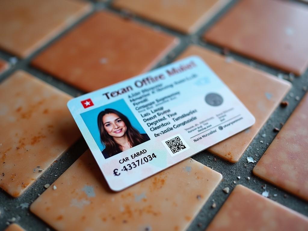 This image shows an ID card placed on a surface of square tiles. The card is mostly blue with white sections and contains personal information, including a photograph. The tiles beneath the card have a brownish hue, adding contrast. The light illuminates the card, making the details clear and easy to read. This composition effectively displays the ID card while providing context with the tiled background. It would serve well in discussions about identification or security matters.