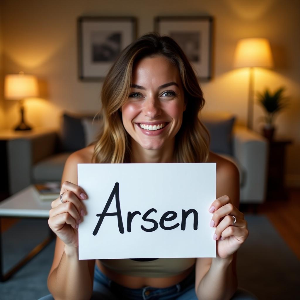 A young woman is sitting in her cozy living room. She holds a piece of paper with the name 'Arsen' written in bold letters. She is smiling joyfully. The soft lighting creates a warm atmosphere. The living room is stylishly decorated.